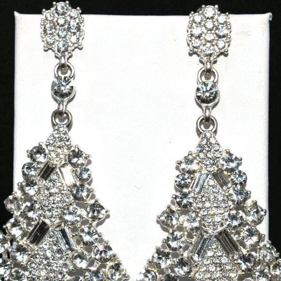 Vintage Long Rhinestone Wedding Earrings, Formal Bling 3 1/2 Inch Posts, 1990s - Picture 11 of 12